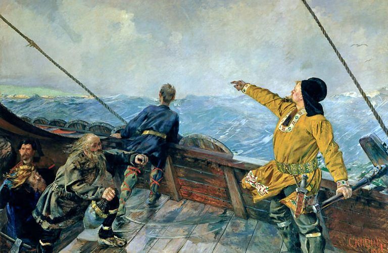Obraz przedstawia Leifa Erikssona na pokładzie drakkaru, wskazującego właśnie swojej załodze nowy ląd, czyli Amerykę Północną.