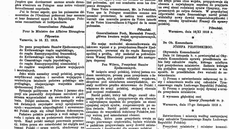 16 listopada roku 1918 – telegram Piłsudskiego do świata o odbudowaniu Polski